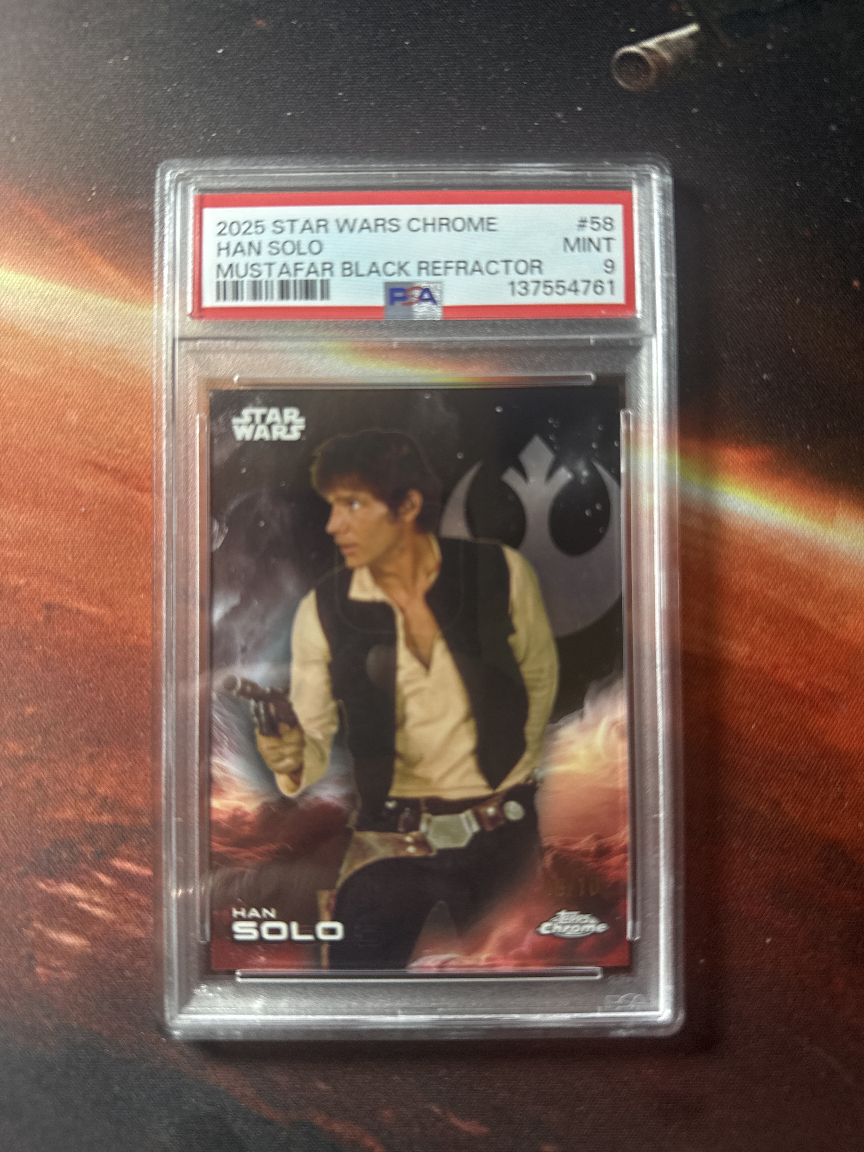 Han Solo Mustafar Black Refractor trading card from 2025 Topps 2025 Topps Chrome Star Wars