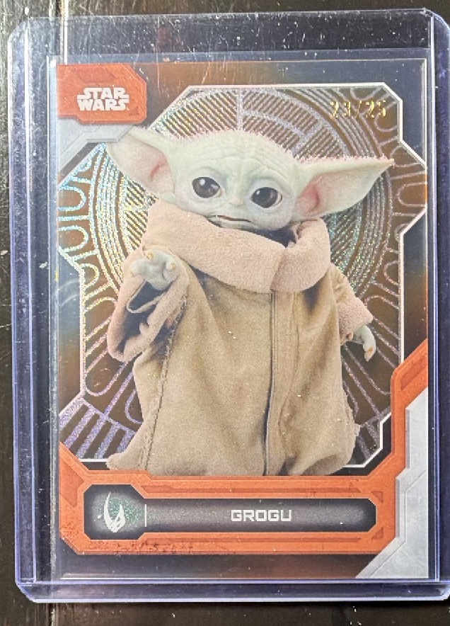 Grogu Throne Room Orange Magma Diffractor trading card from 2024 Topps 2024 Topps Star Wars High-Tek