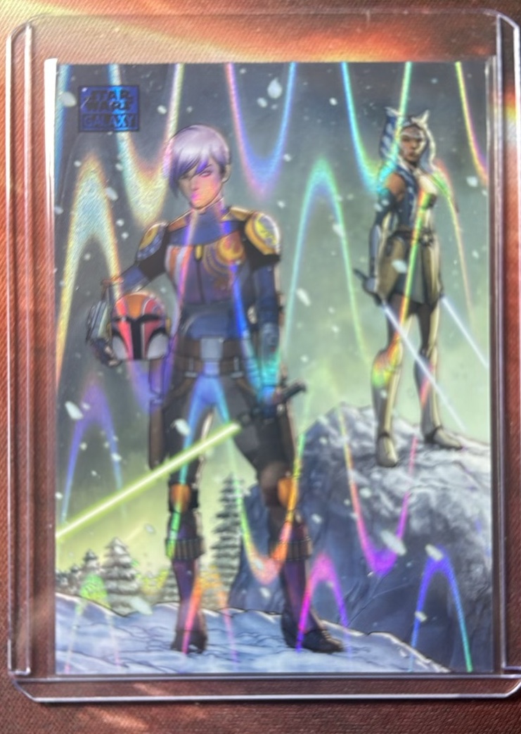Ahsoka Tano and Sabine Wren Blue Ray Wave Refractor trading card from 2026 Topps 2026 Topps Chrome Star Wars Galaxy