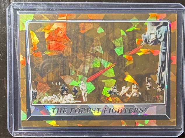 The Forest Fighters! Gold trading card from 2023 Topps 2023 Topps Chrome Sapphire Star Wars: Return of the Jedi